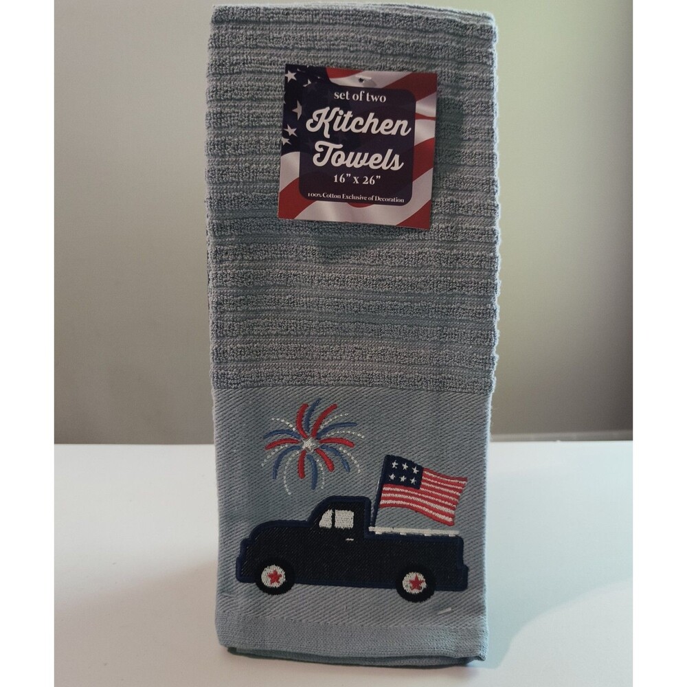 Patriotic Kitchen Towels Set of Two Fireworks Flag and Truck Embroidered 100% Co